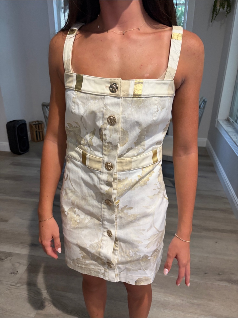 CHANEL White and Gold Floral Button-Front Mini Dress